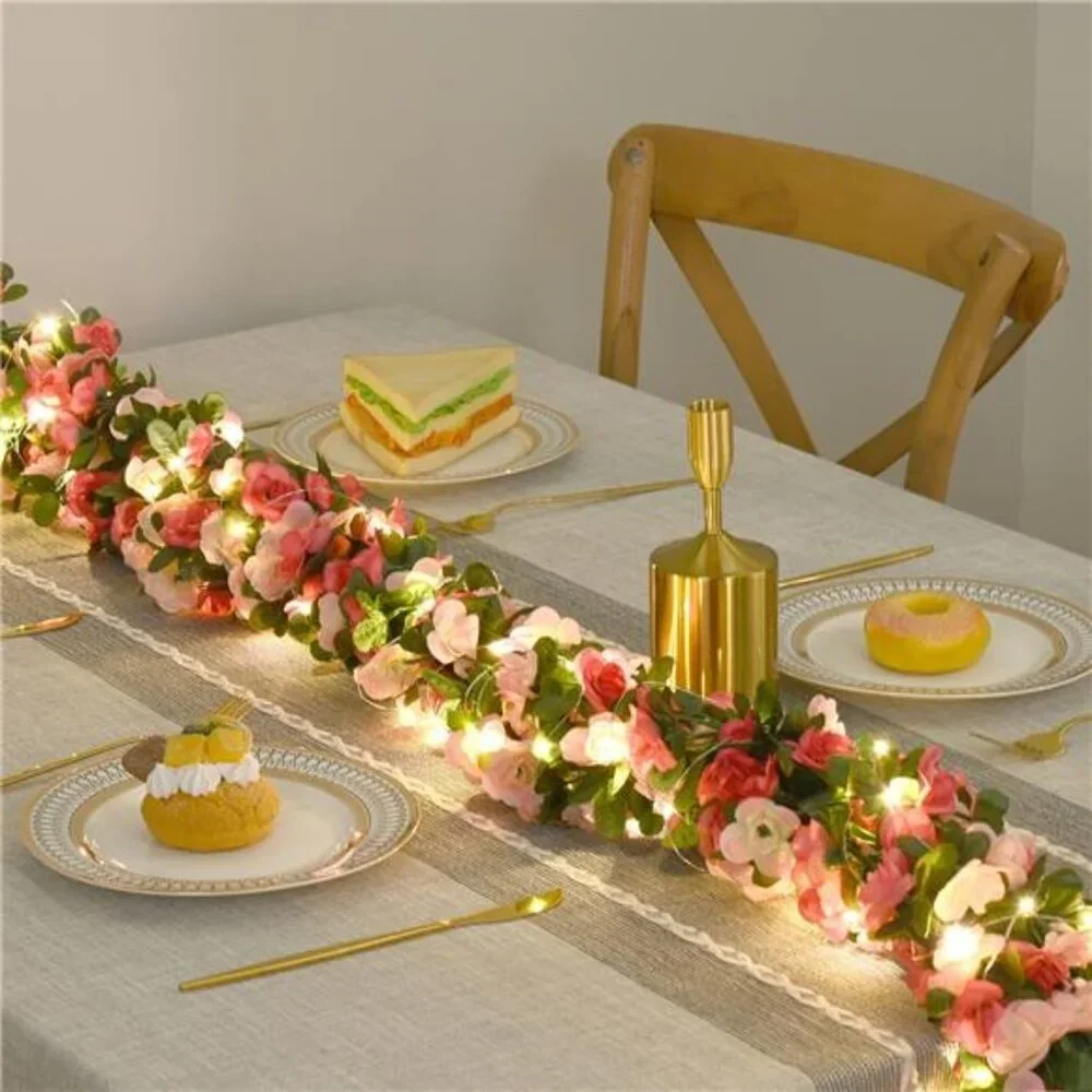 Artificial Rose Garland with LED String Lights Flower Vine Wedding Party Decor